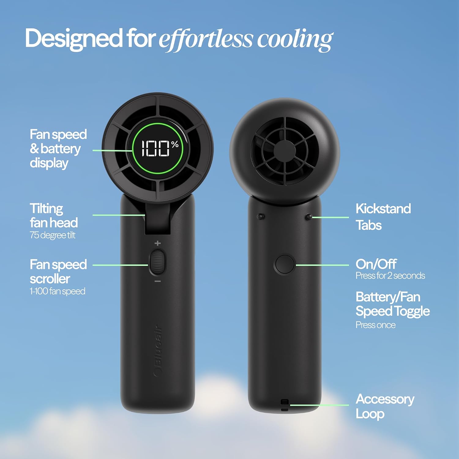 [Color] compact handheld fan with USB-C charging port, showing quiet personal cooling design for travel — view 3