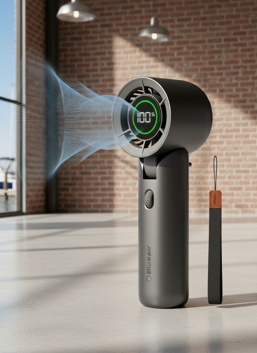 [Color] compact handheld fan with USB-C charging port, showing quiet personal cooling design for travel — view 1