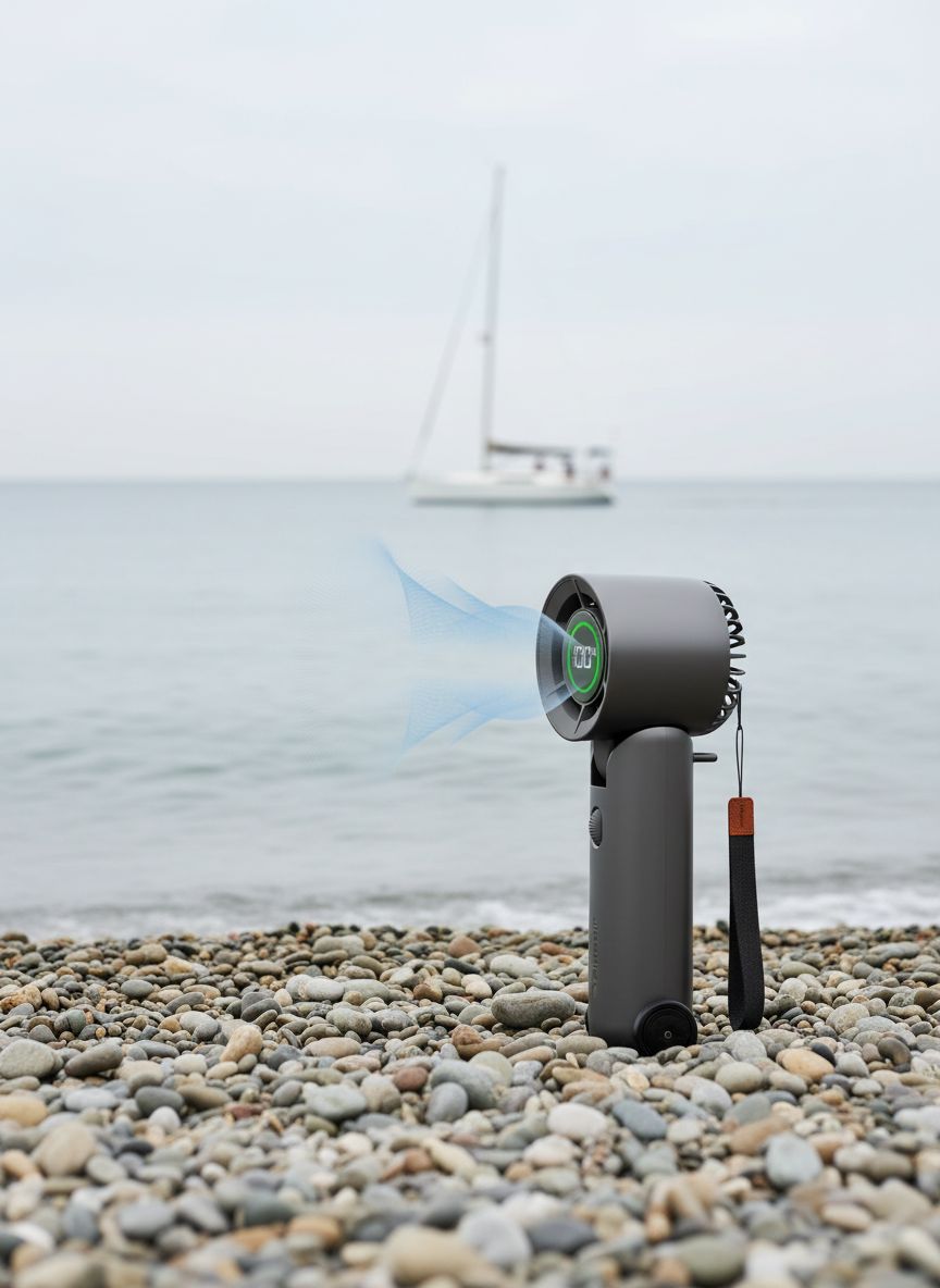 [Color] compact handheld fan with USB-C charging port, showing quiet personal cooling design for travel — view 3