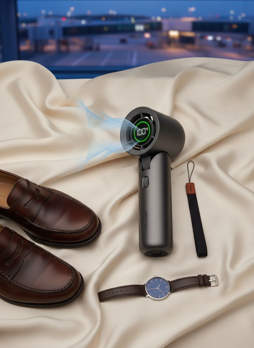 [Color] compact handheld fan with USB-C charging port, showing quiet personal cooling design for travel — view 7a