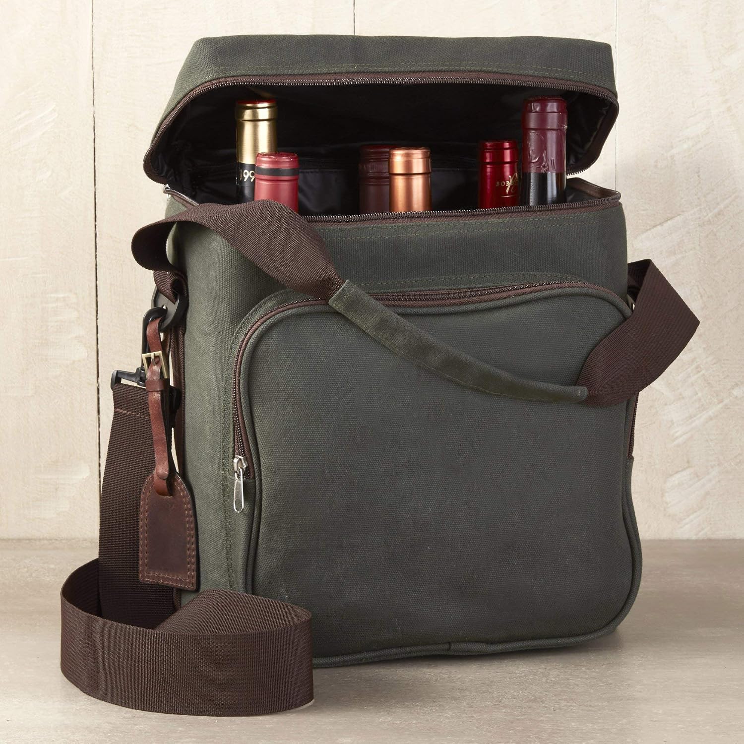 {color} waxed canvas insulated wine carrier tote holding 6 bottles with included ice pack β view 1