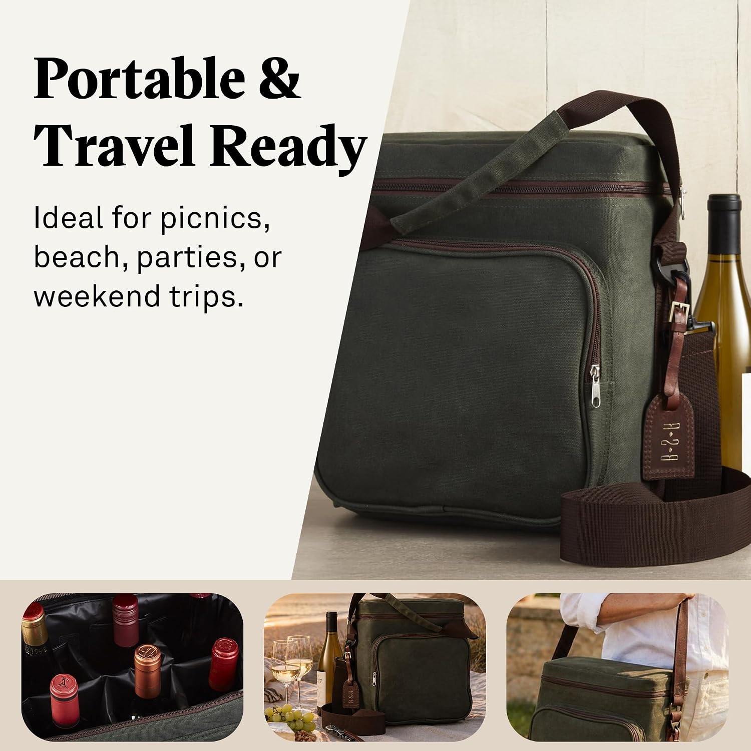 {color} waxed canvas insulated wine carrier tote holding 6 bottles with included ice pack β view 4