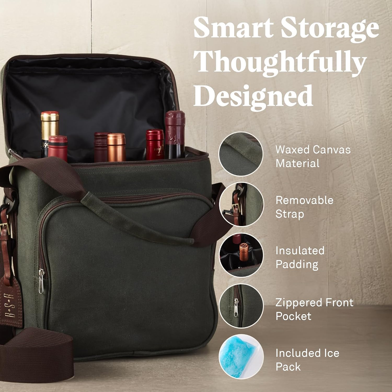 {color} waxed canvas insulated wine carrier tote holding 6 bottles with included ice pack β view 2