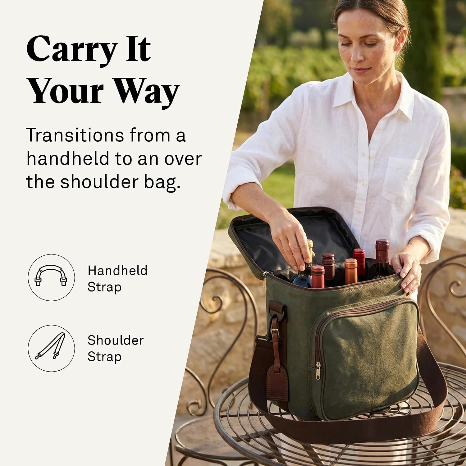 {color} waxed canvas insulated wine carrier tote holding 6 bottles with included ice pack β view 3