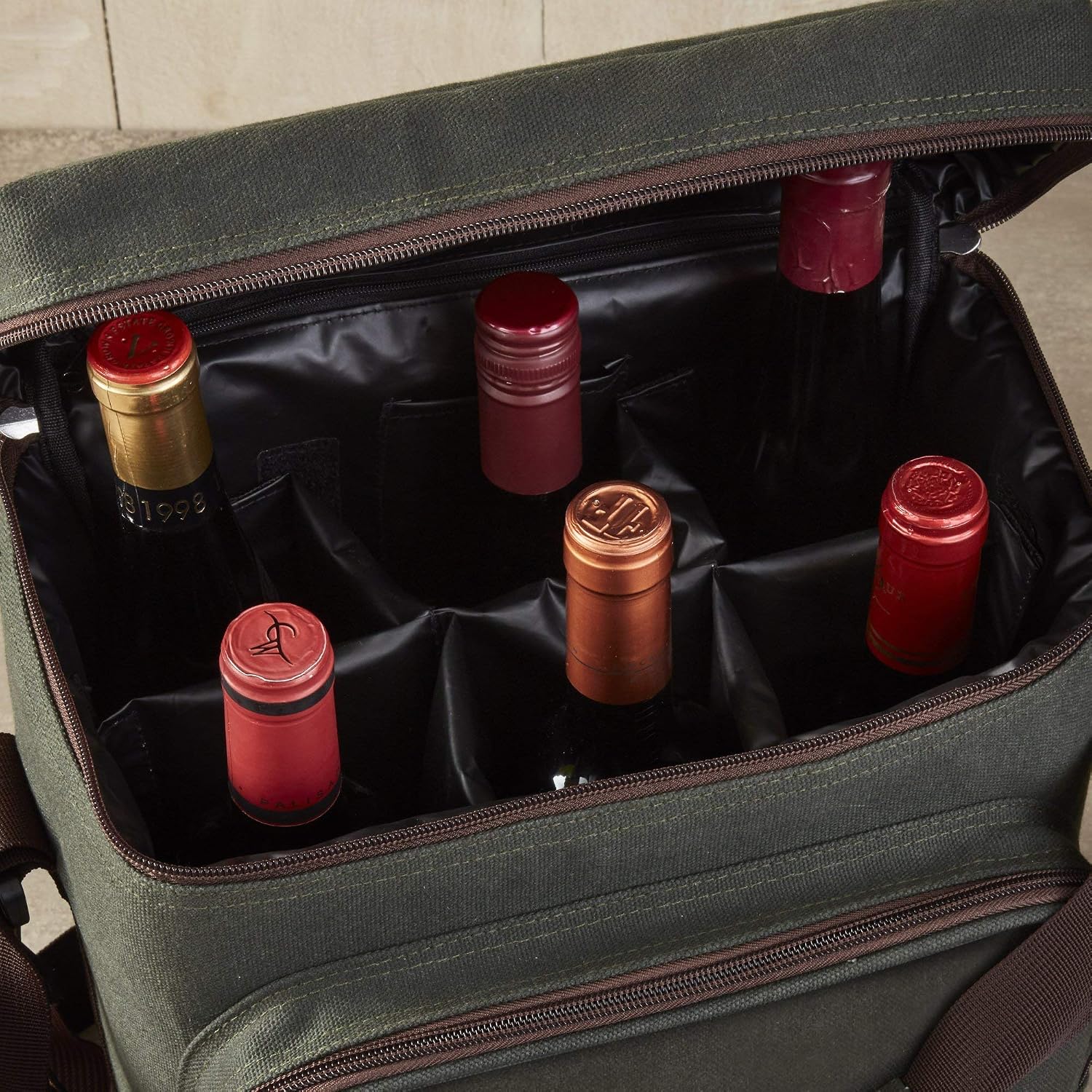 {color} waxed canvas insulated wine carrier tote holding 6 bottles with included ice pack β view 5