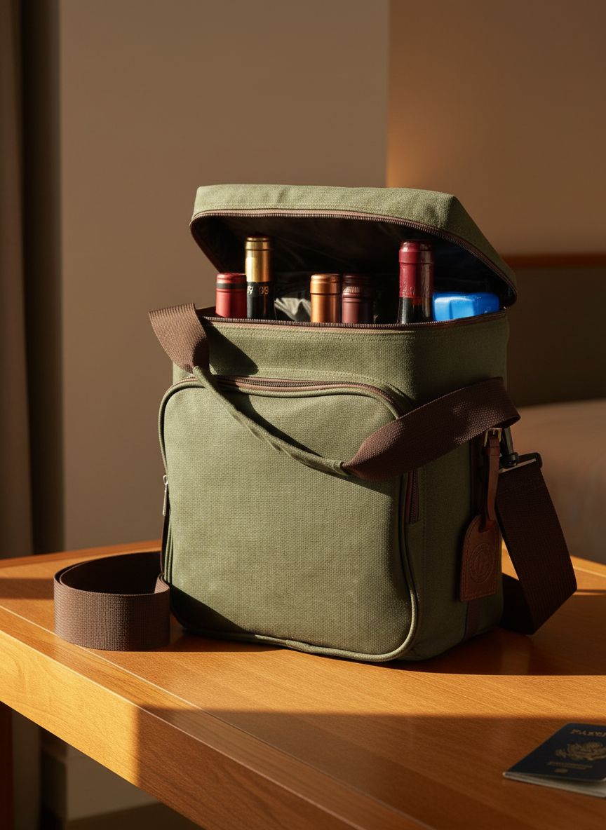 {color} waxed canvas insulated wine carrier tote holding 6 bottles with included ice pack β view 1