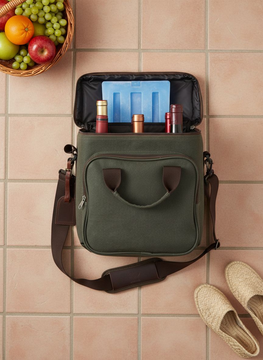 {color} waxed canvas insulated wine carrier tote holding 6 bottles with included ice pack β view 7a