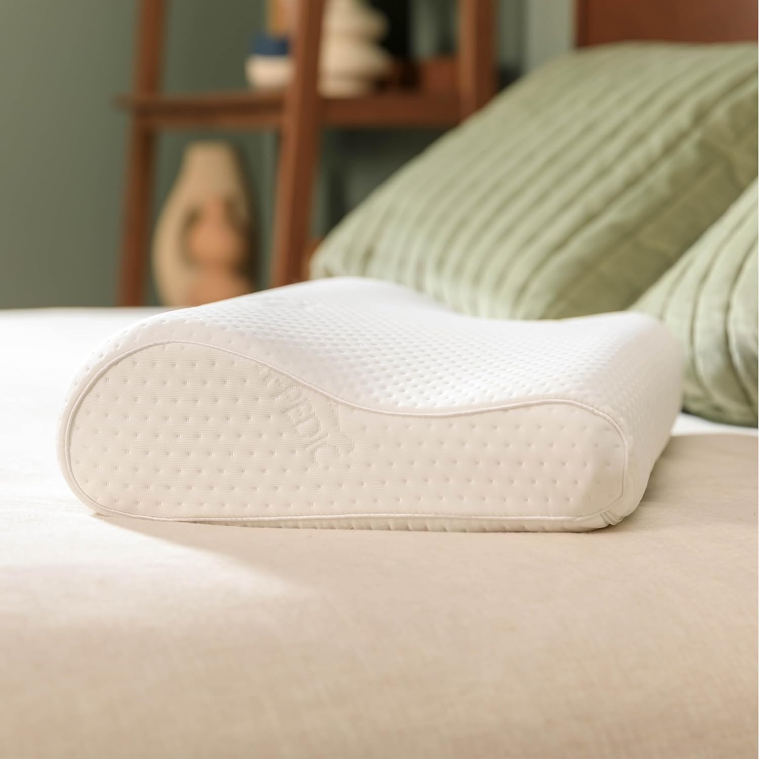 {color} memory foam neck pillow with ergonomic cervical support, medium profile design for travel comfort — view 1