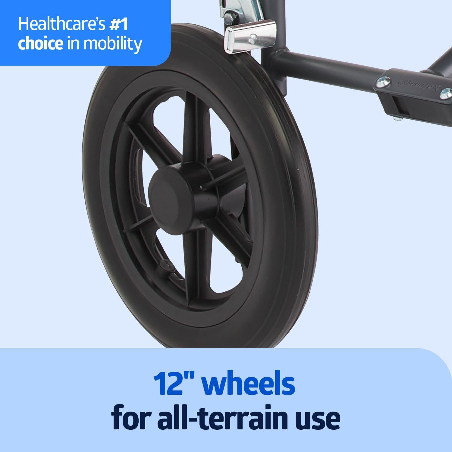 {{color}} folding steel transport wheelchair with {{wheel_size}}-inch wheels and microban-treated {{upholstery_color}} upholstery โ view 2