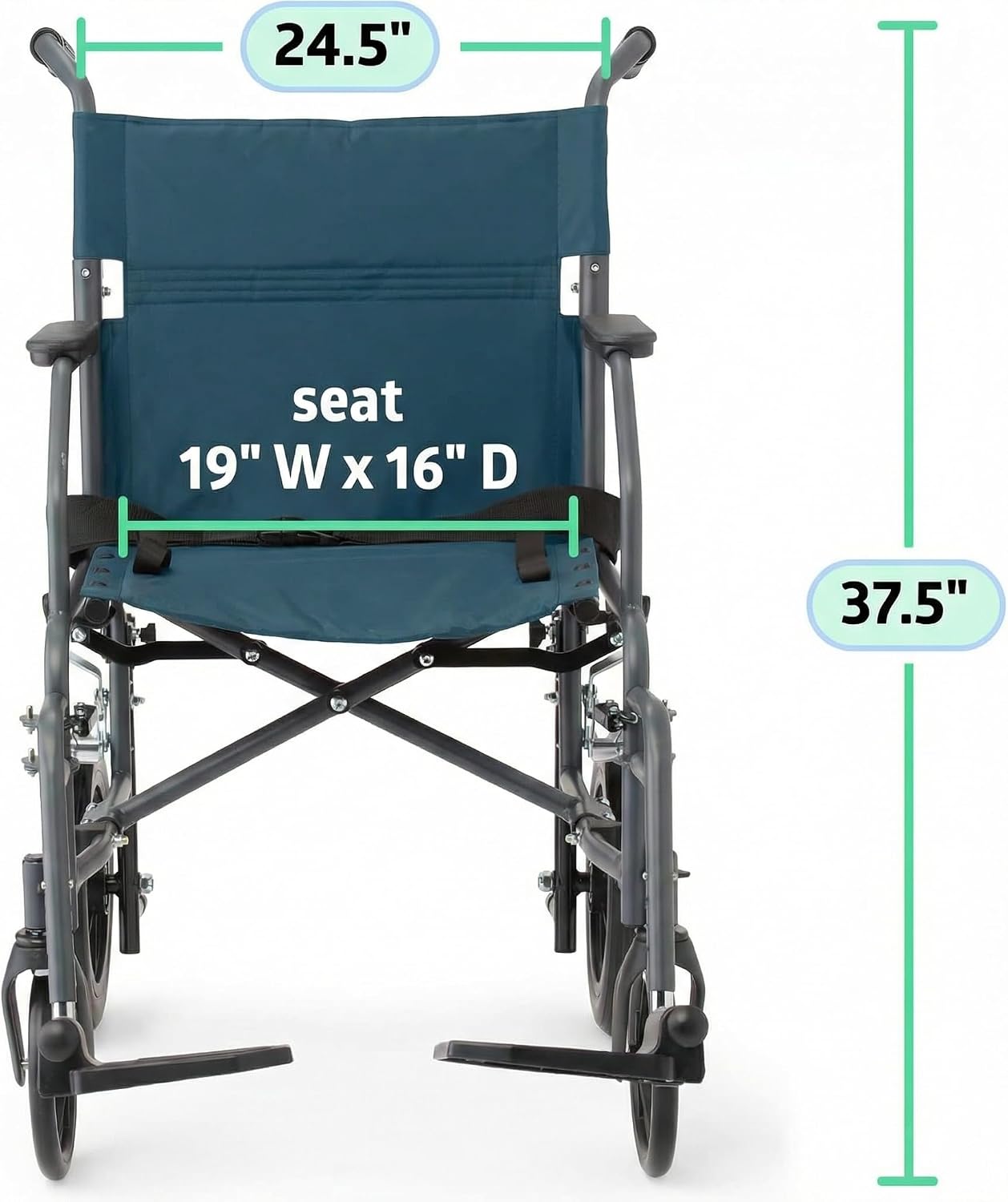 {{color}} folding steel transport wheelchair with {{wheel_size}}-inch wheels and microban-treated {{upholstery_color}} upholstery โ view 3