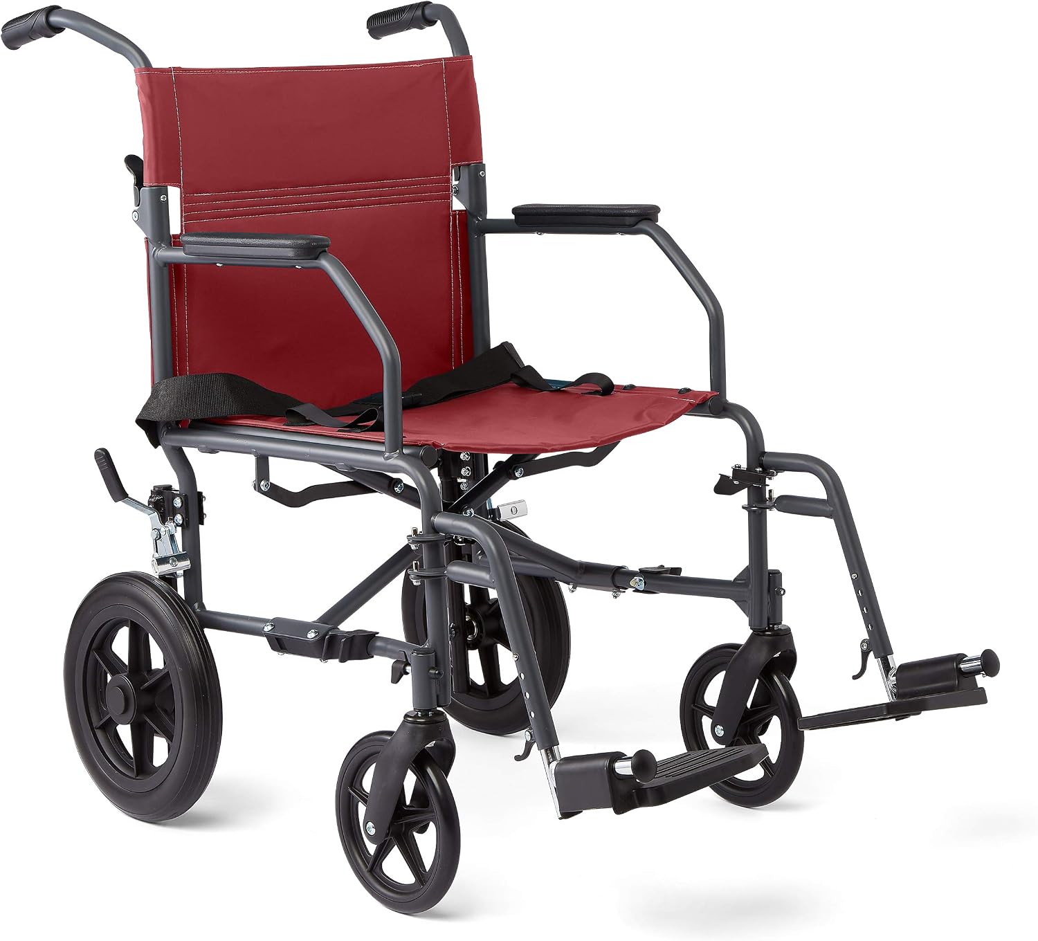 {{color}} folding steel transport wheelchair with {{wheel_size}}-inch wheels and microban-treated {{upholstery_color}} upholstery โ view 4