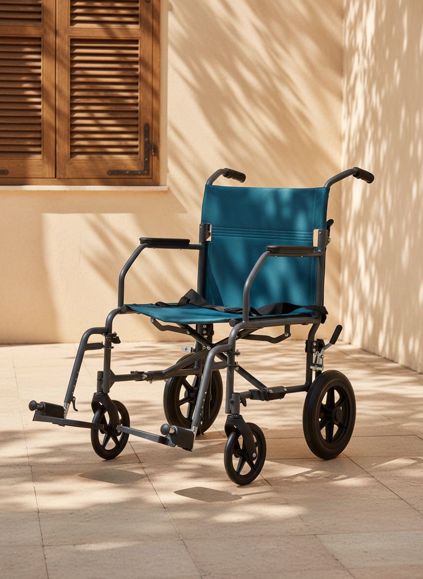 {{color}} folding steel transport wheelchair with {{wheel_size}}-inch wheels and microban-treated {{upholstery_color}} upholstery — view 1