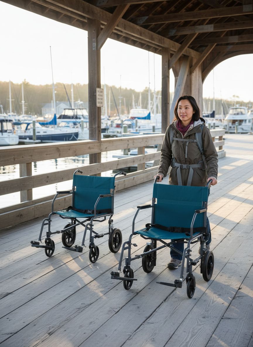 {{color}} folding steel transport wheelchair with {{wheel_size}}-inch wheels and microban-treated {{upholstery_color}} upholstery — view 3a