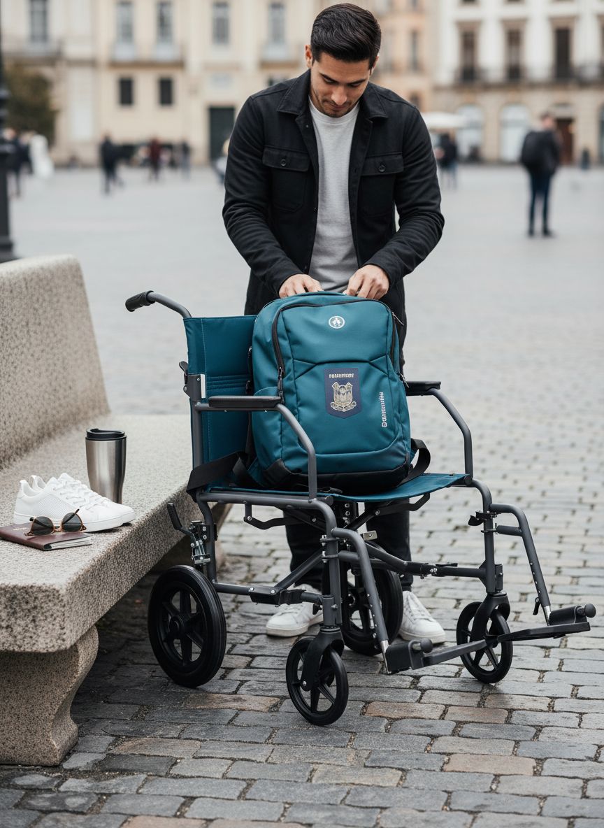 {{color}} folding steel transport wheelchair with {{wheel_size}}-inch wheels and microban-treated {{upholstery_color}} upholstery — view 5a
