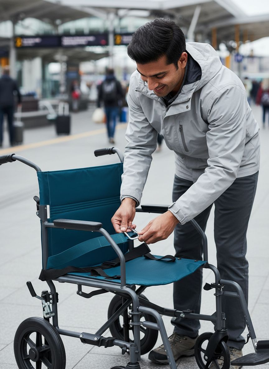 {{color}} folding steel transport wheelchair with {{wheel_size}}-inch wheels and microban-treated {{upholstery_color}} upholstery — view 6