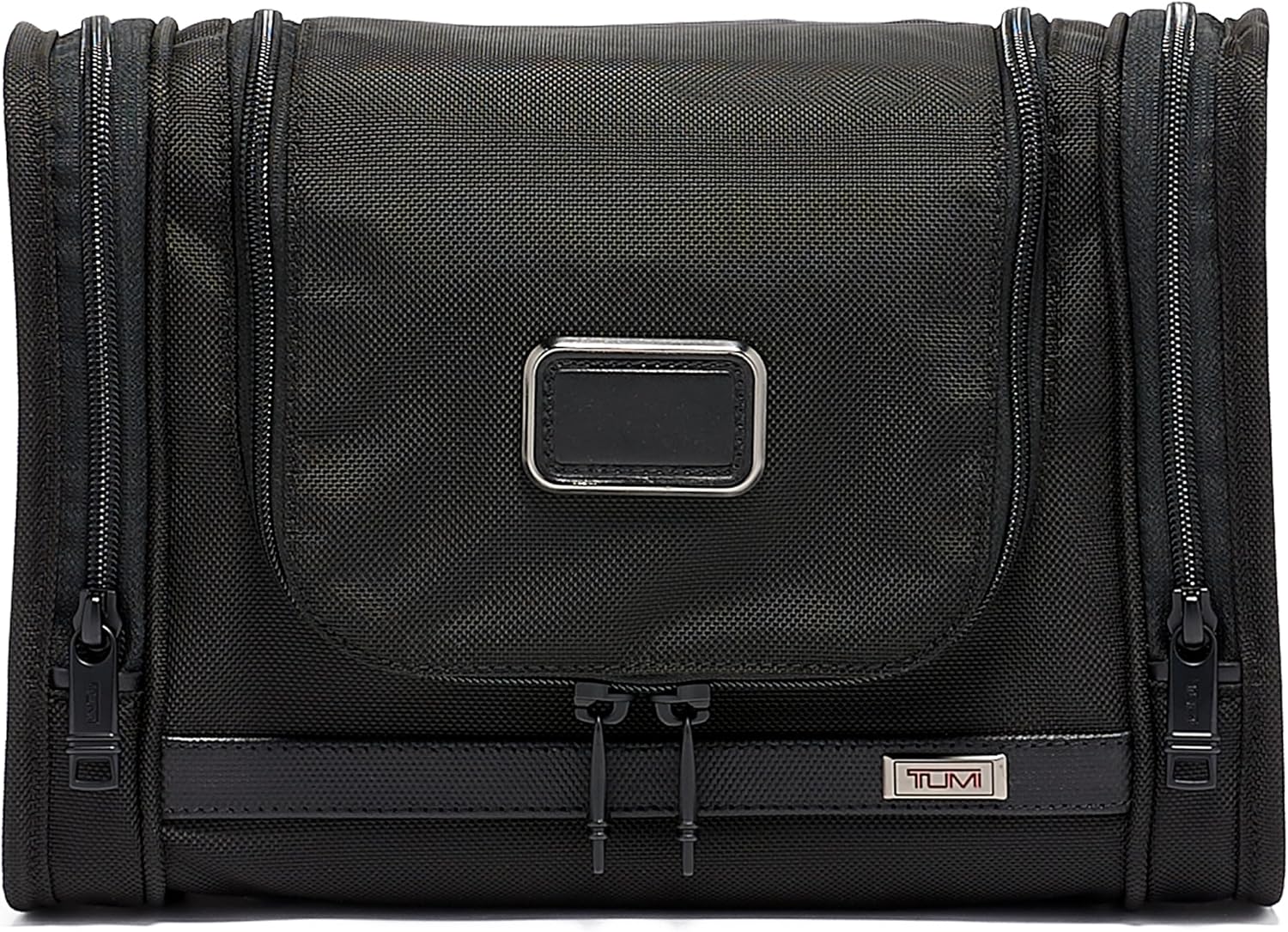 Black hanging toiletries organizer with multiple compartments and hook attachment, displayed flat — view 1
