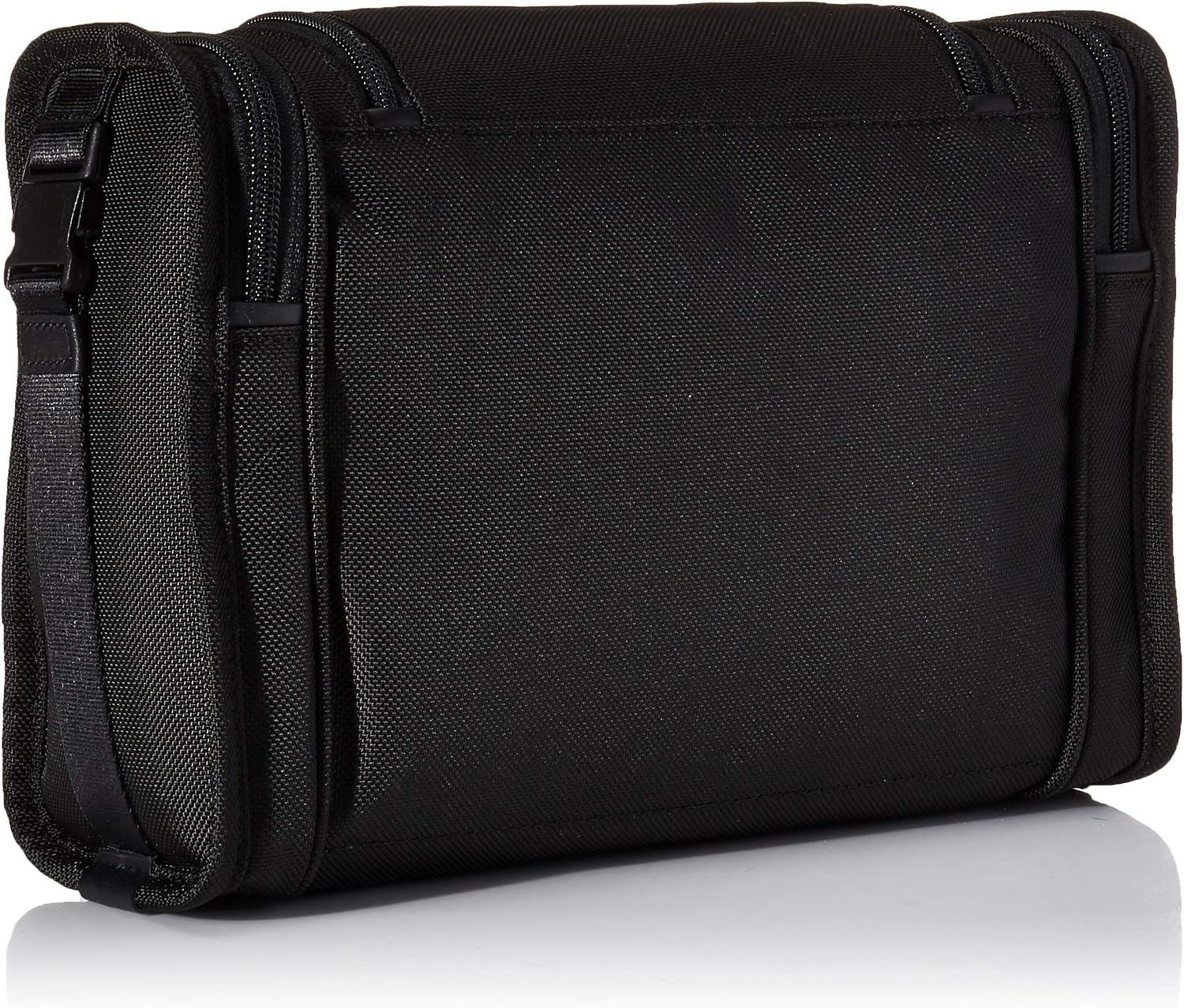 Black hanging toiletries organizer with multiple compartments and hook attachment, displayed flat — view 4