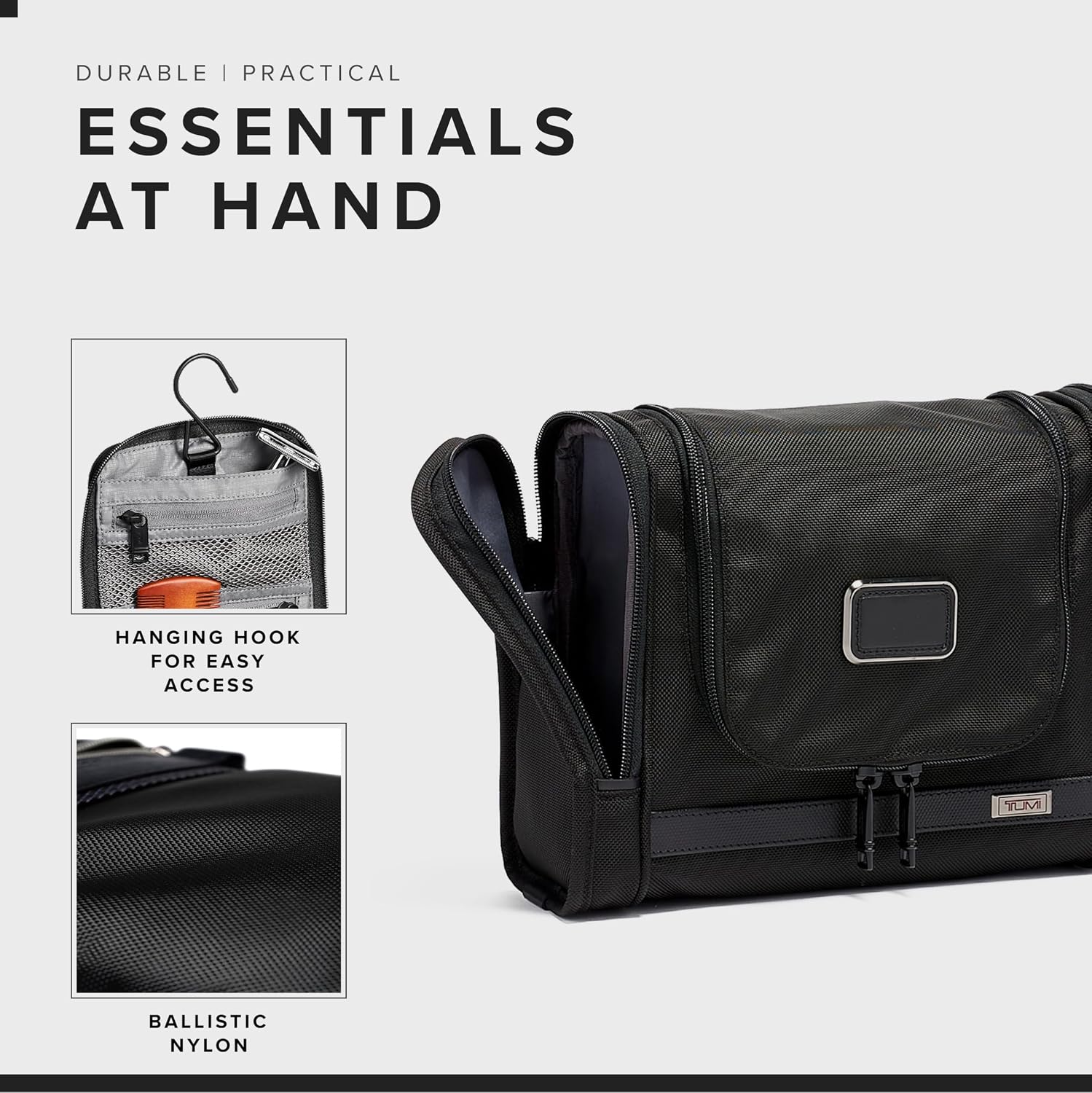 Black hanging toiletries organizer with multiple compartments and hook attachment, displayed flat — view 2