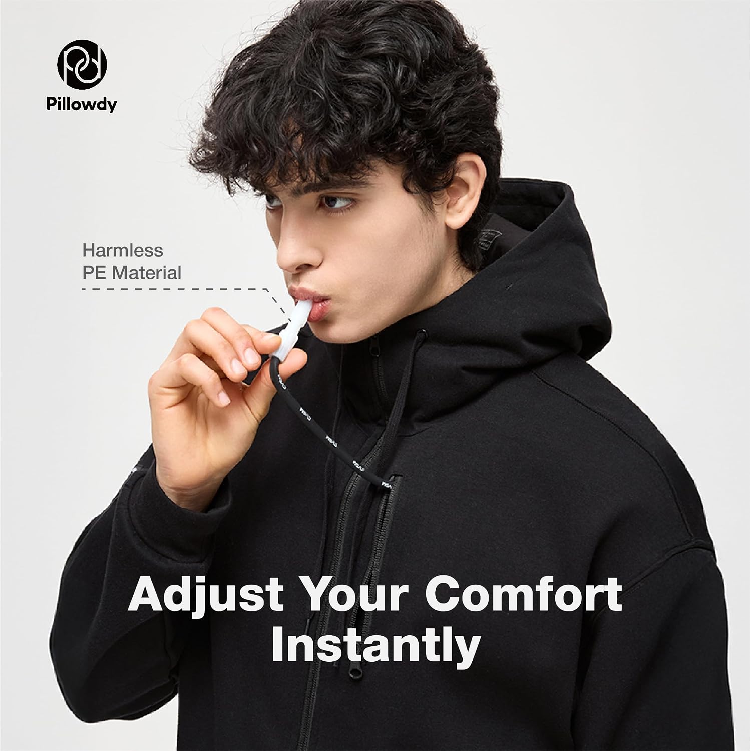 Travel hoodie with built-in inflatable neck pillow in [color], shown inflated for neck support — view 3