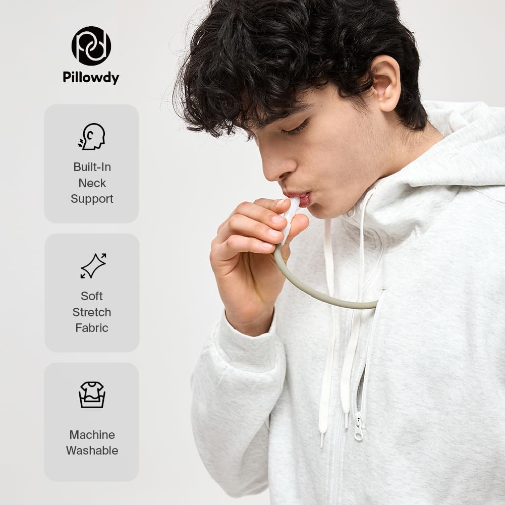 Travel hoodie with built-in inflatable neck pillow in [color], shown inflated for neck support — view 4
