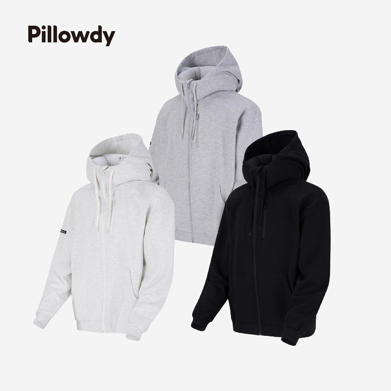 Travel hoodie with built-in inflatable neck pillow in [color], shown inflated for neck support — view 2