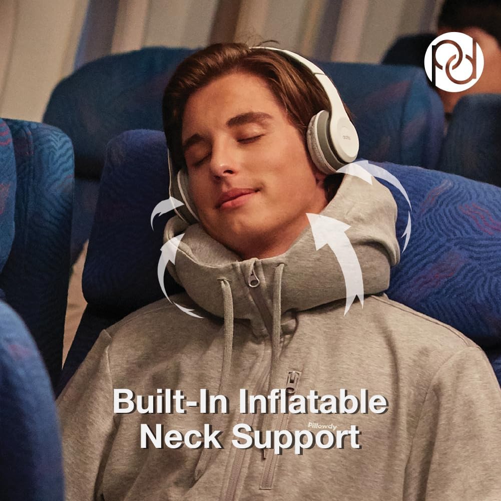 Travel hoodie with built-in inflatable neck pillow in [color], shown inflated for neck support — view 4