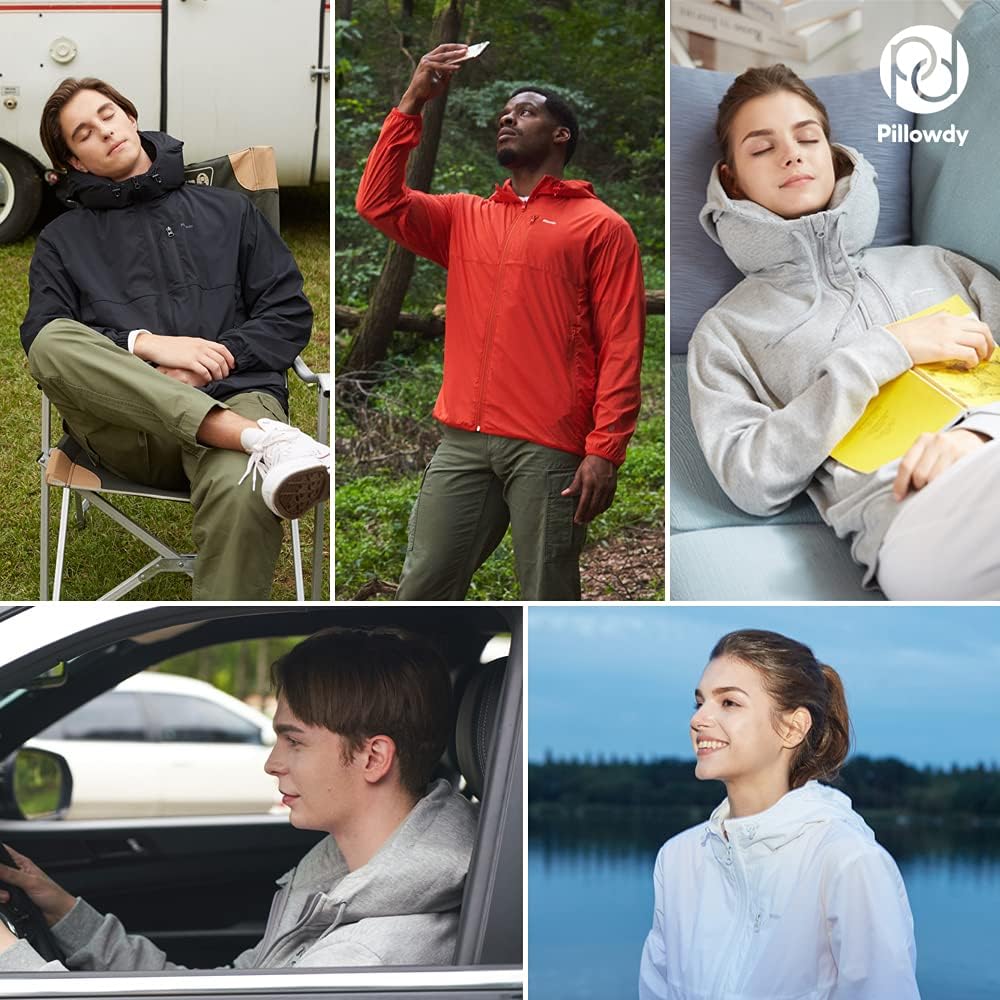 Travel hoodie with built-in inflatable neck pillow in [color], shown inflated for neck support — view 5