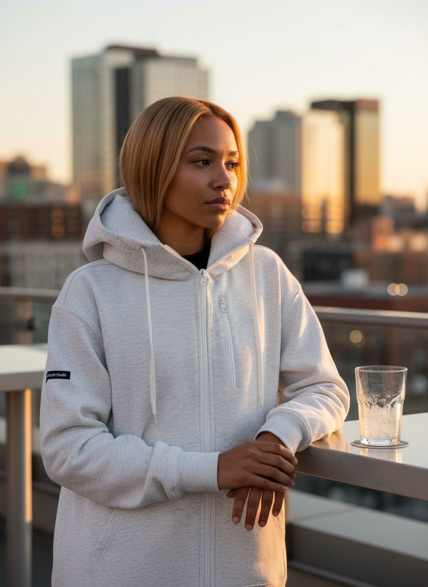 Travel hoodie with built-in inflatable neck pillow in [color], shown inflated for neck support — view 2