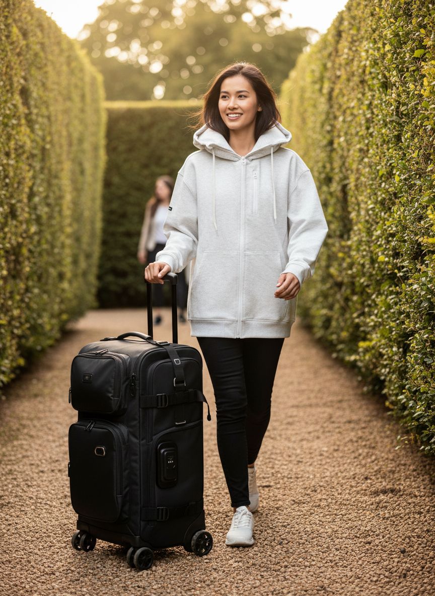 Travel hoodie with built-in inflatable neck pillow in [color], shown inflated for neck support — view 3a