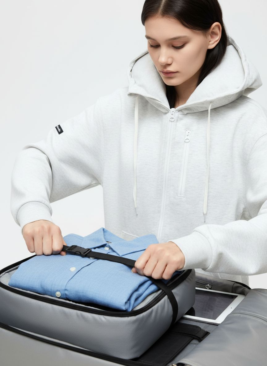 Travel hoodie with built-in inflatable neck pillow in [color], shown inflated for neck support — view 6