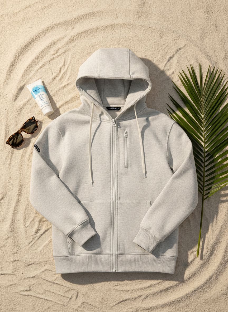 Travel hoodie with built-in inflatable neck pillow in [color], shown inflated for neck support — view 7a