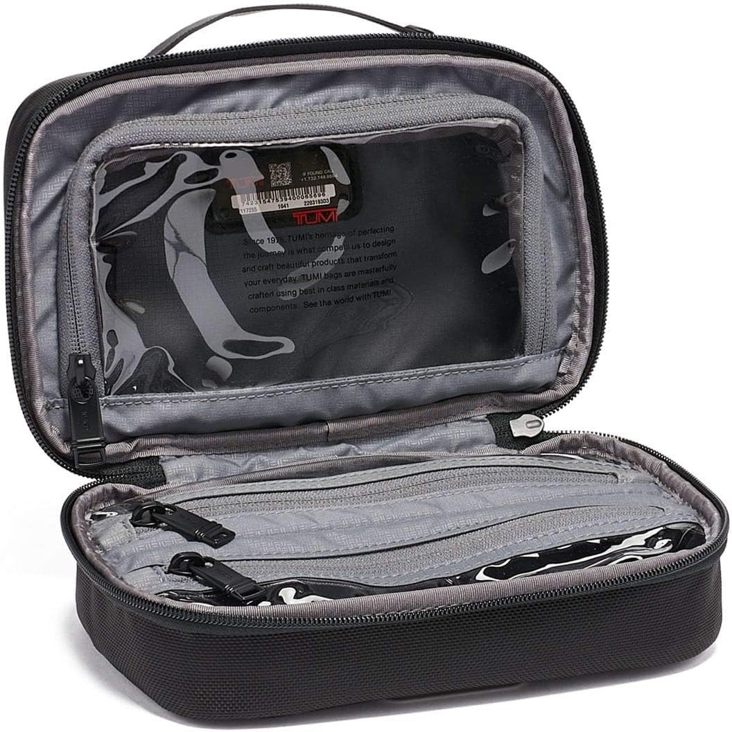 [Color] compact toiletry bag with removable leather handle and multiple zip pockets, shown open displaying organization compartments — view 2