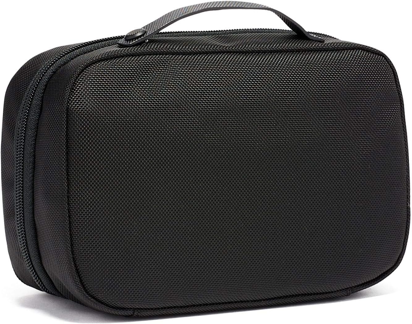 [Color] compact toiletry bag with removable leather handle and multiple zip pockets, shown open displaying organization compartments — view 3