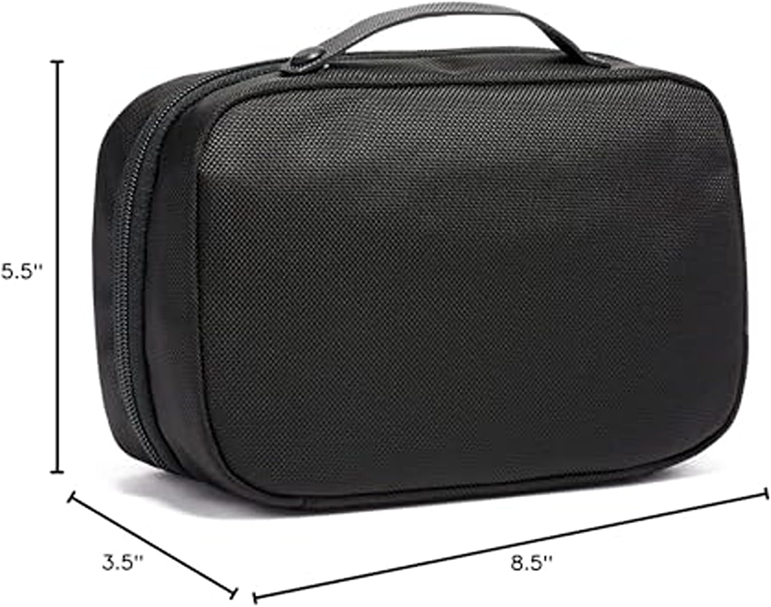 [Color] compact toiletry bag with removable leather handle and multiple zip pockets, shown open displaying organization compartments — view 2
