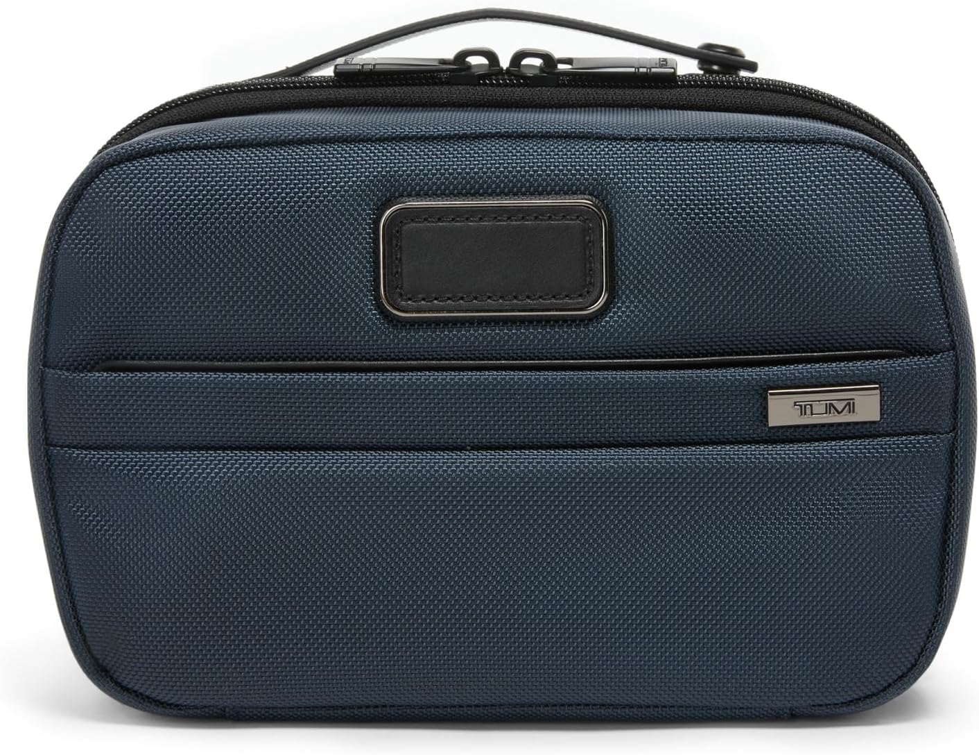 [Color] compact toiletry bag with removable leather handle and multiple zip pockets, shown open displaying organization compartments — view 3