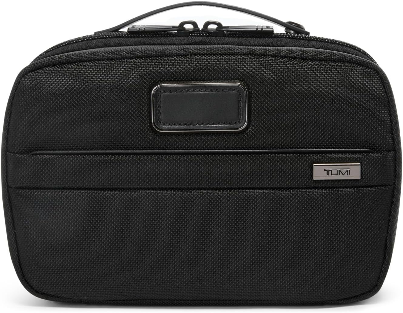 [Color] compact toiletry bag with removable leather handle and multiple zip pockets, shown open displaying organization compartments — view 4