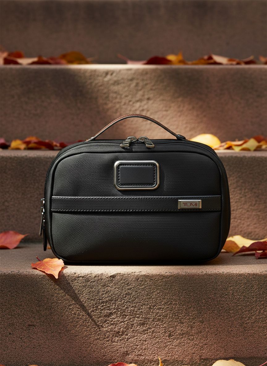 [Color] compact toiletry bag with removable leather handle and multiple zip pockets, shown open displaying organization compartments — view 1