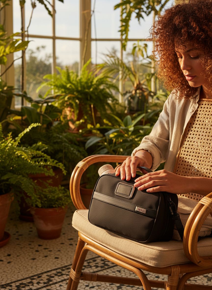 [Color] compact toiletry bag with removable leather handle and multiple zip pockets, shown open displaying organization compartments — view 4