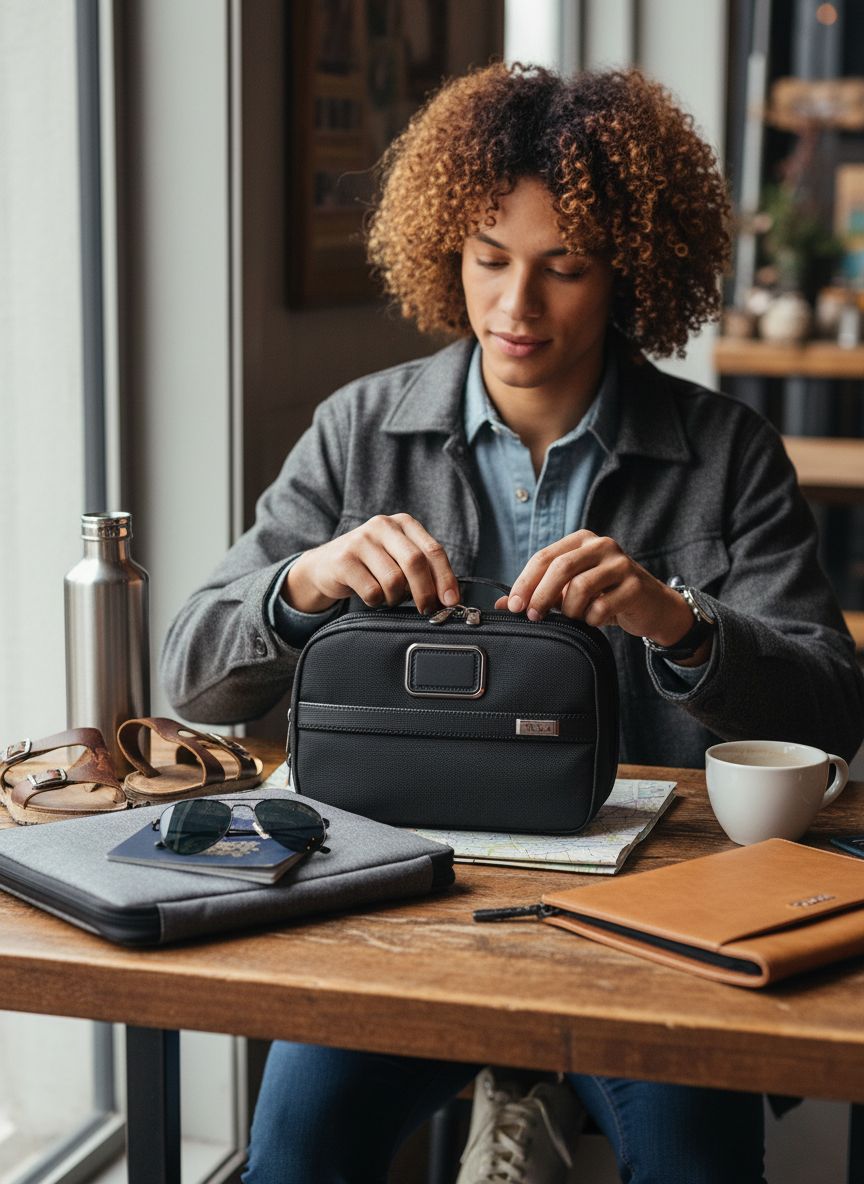 [Color] compact toiletry bag with removable leather handle and multiple zip pockets, shown open displaying organization compartments — view 5a
