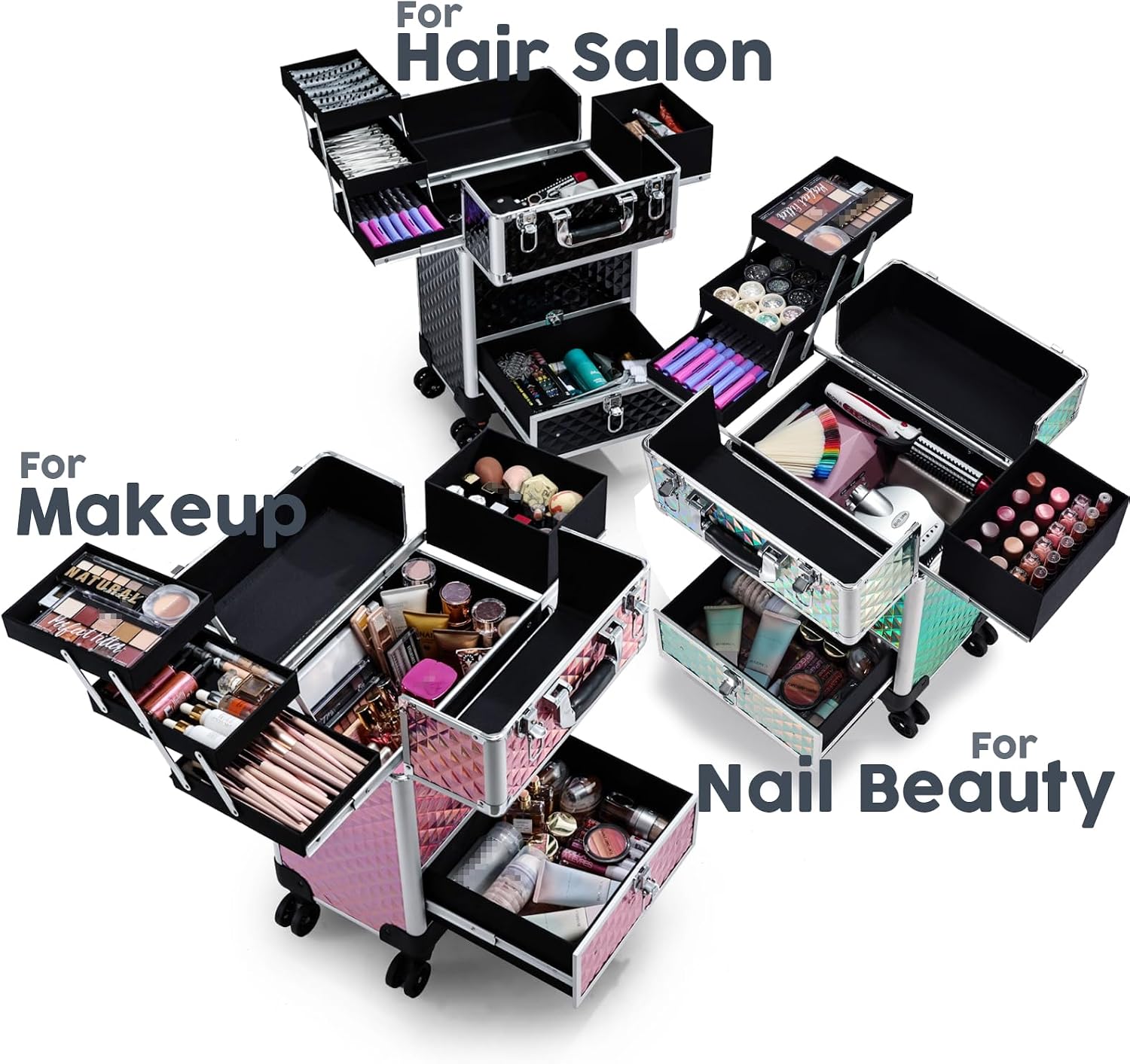 Blue rolling makeup case with drawer storage and aluminum frame, professional-grade cosmetics organizer on wheels — view 2