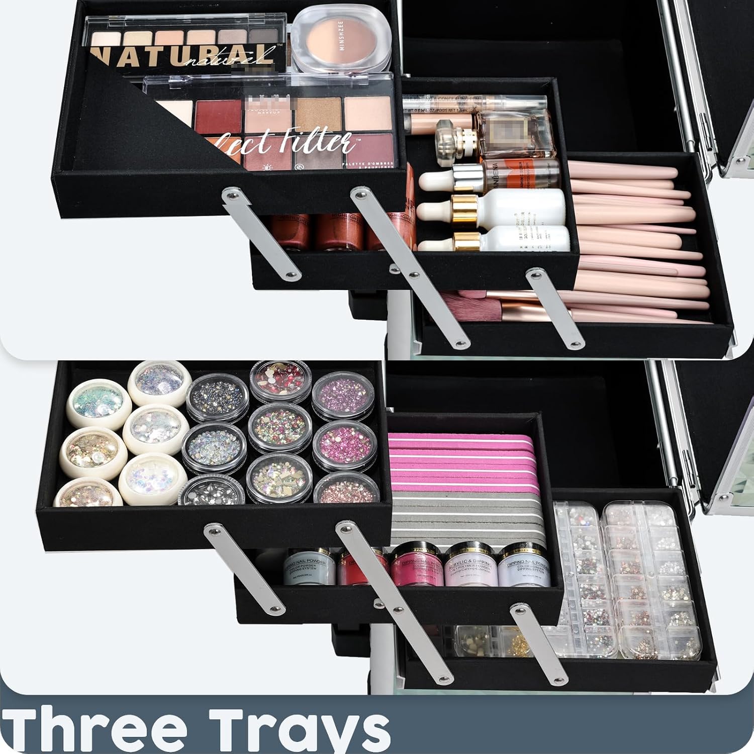 Blue rolling makeup case with drawer storage and aluminum frame, professional-grade cosmetics organizer on wheels — view 3