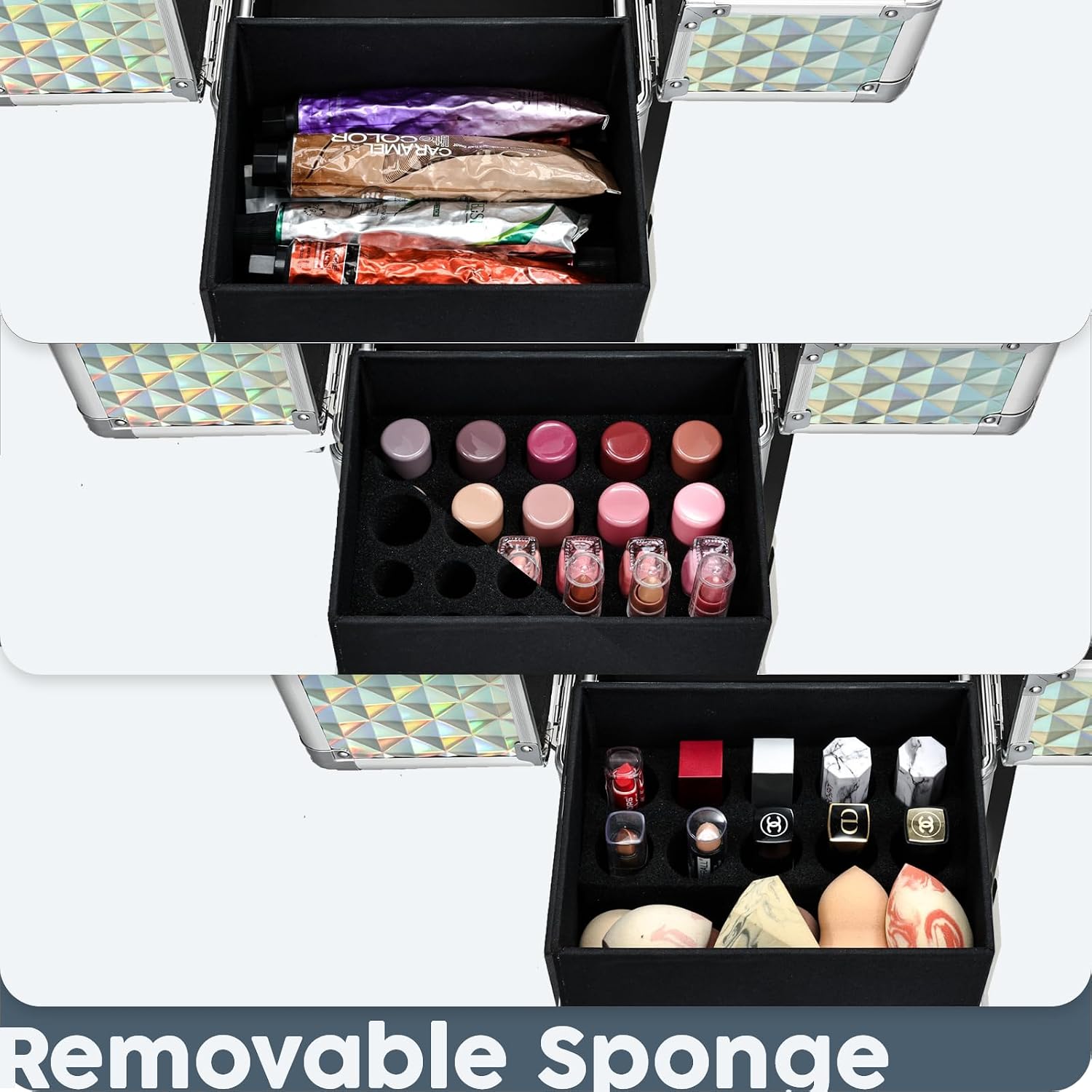 Blue rolling makeup case with drawer storage and aluminum frame, professional-grade cosmetics organizer on wheels — view 4