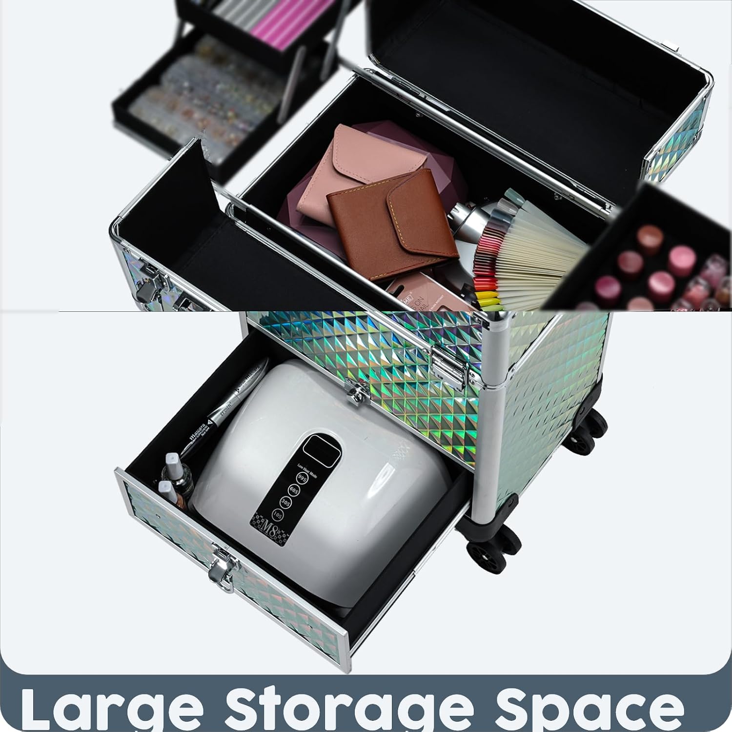 Blue rolling makeup case with drawer storage and aluminum frame, professional-grade cosmetics organizer on wheels — view 2