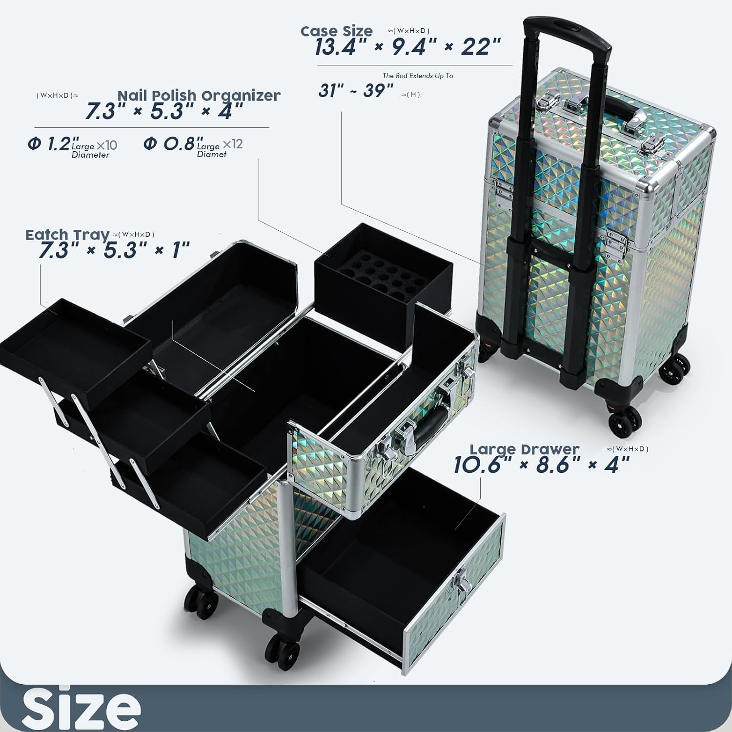 Blue rolling makeup case with drawer storage and aluminum frame, professional-grade cosmetics organizer on wheels — view 3