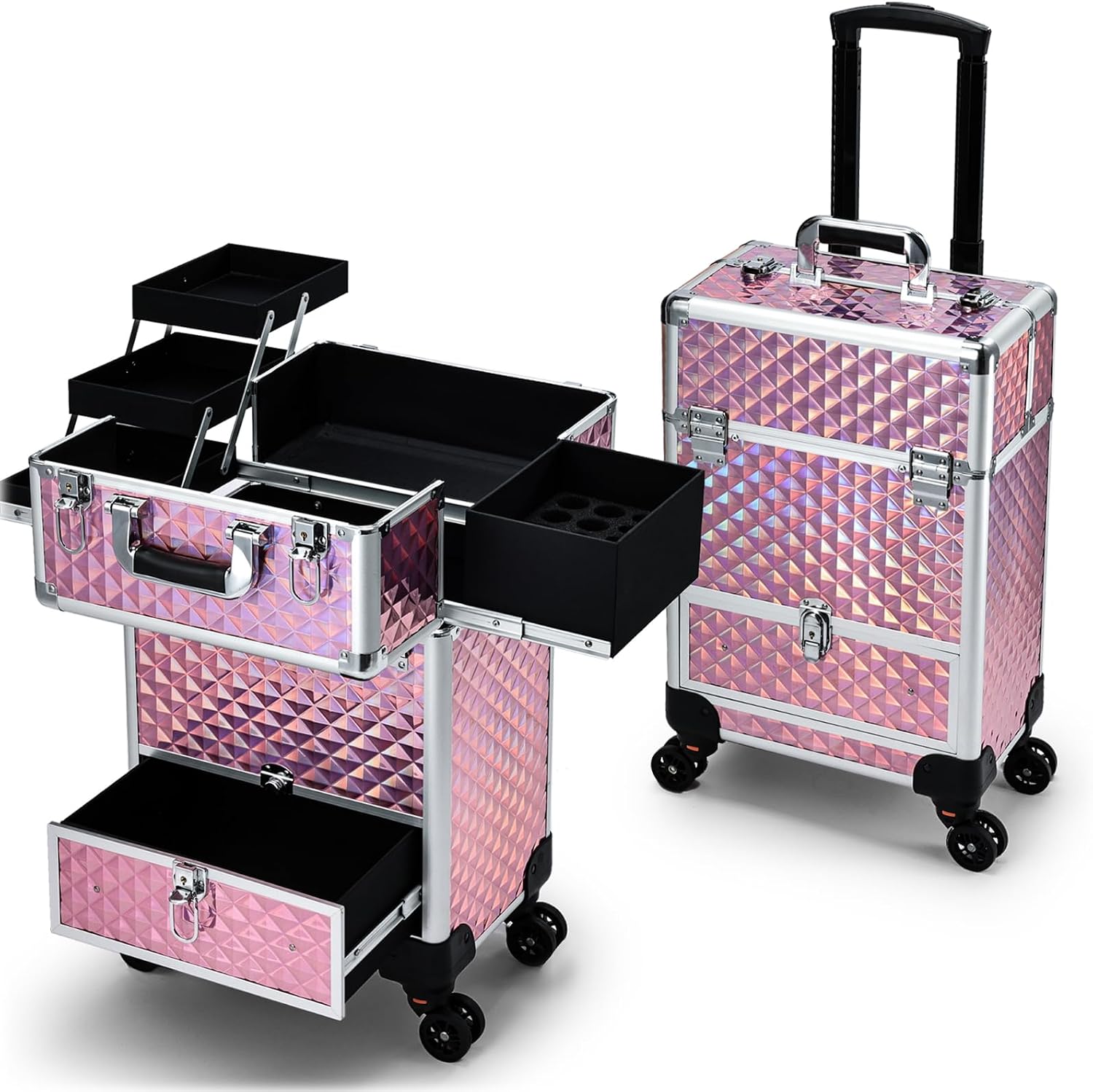 Blue rolling makeup case with drawer storage and aluminum frame, professional-grade cosmetics organizer on wheels — view 5