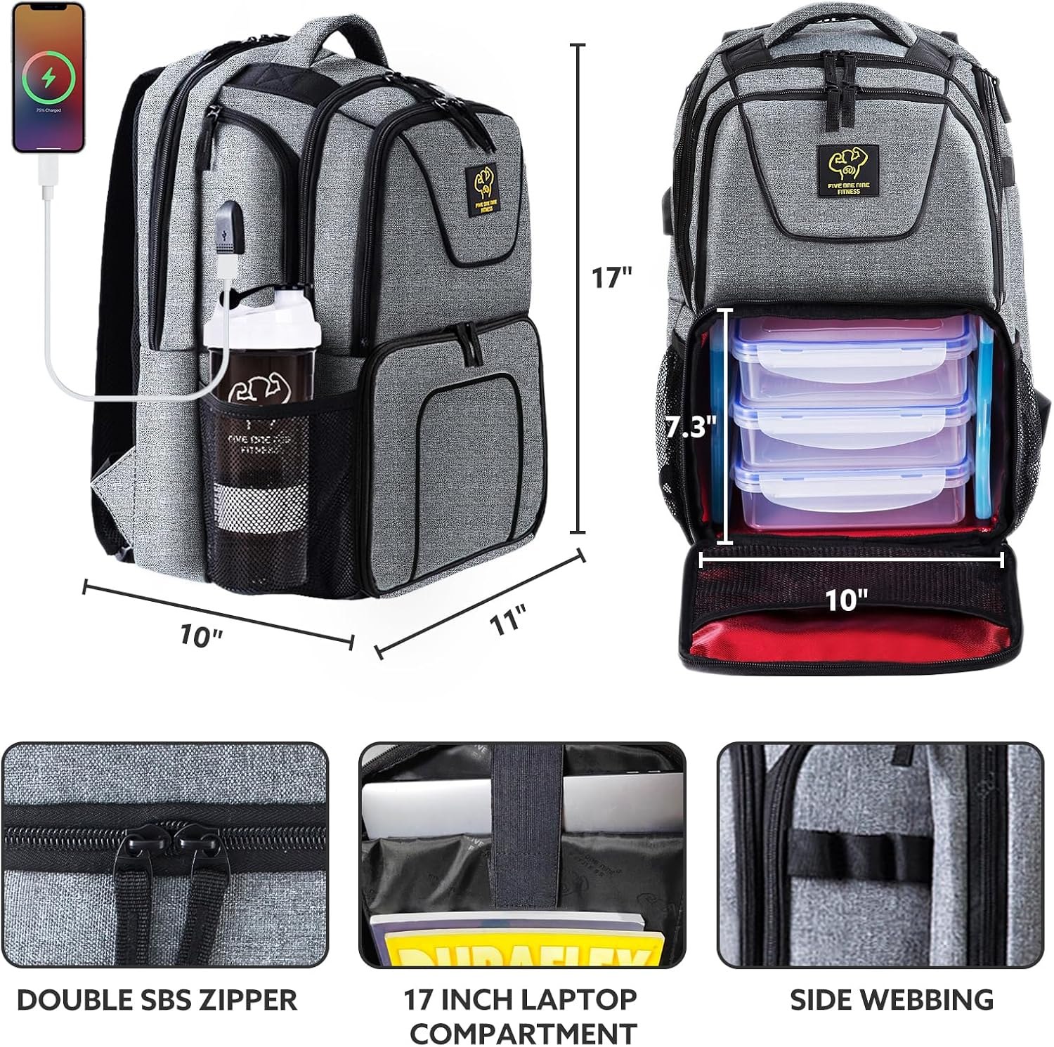 [Color] insulated meal prep backpack with laptop compartment, featuring [material texture] exterior and [number]-meal container capacity — view 2