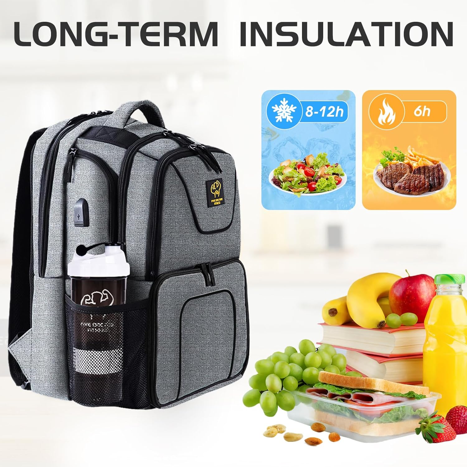 [Color] insulated meal prep backpack with laptop compartment, featuring [material texture] exterior and [number]-meal container capacity — view 4