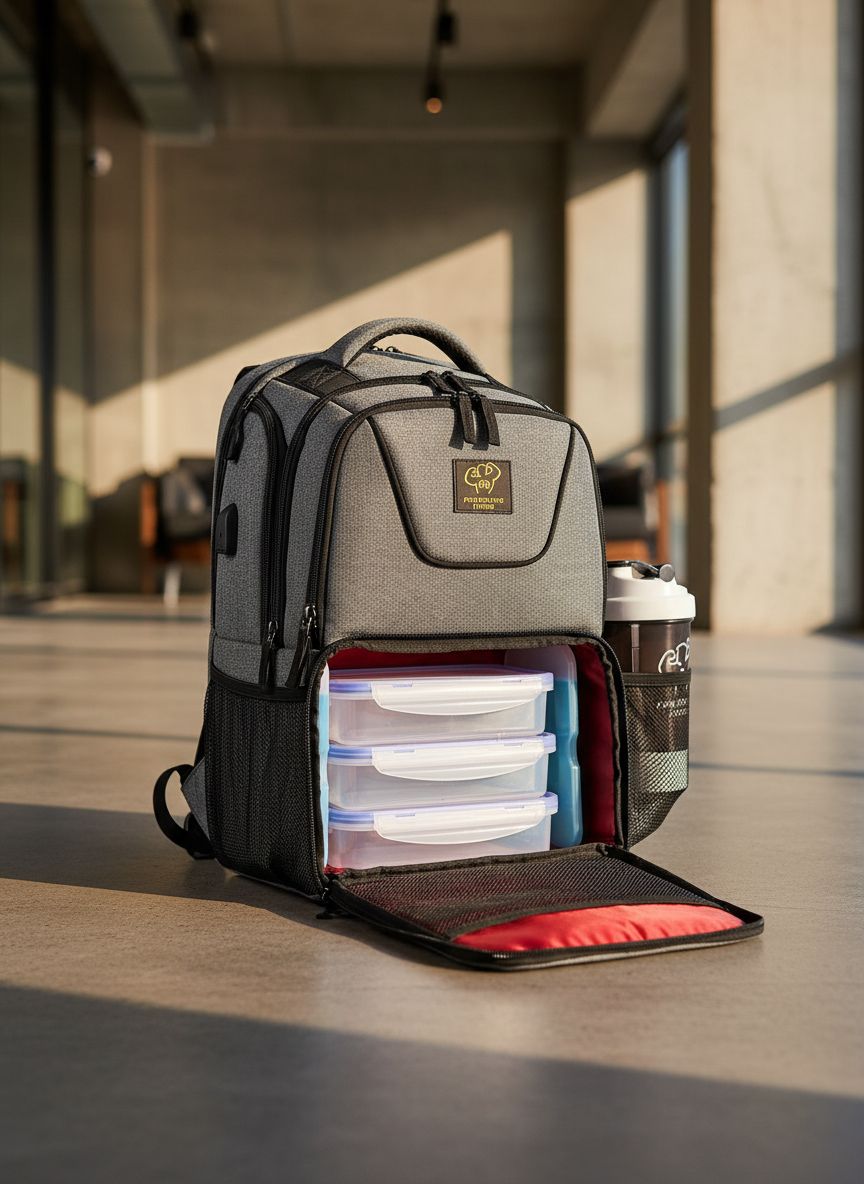 [Color] insulated meal prep backpack with laptop compartment, featuring [material texture] exterior and [number]-meal container capacity — view 1