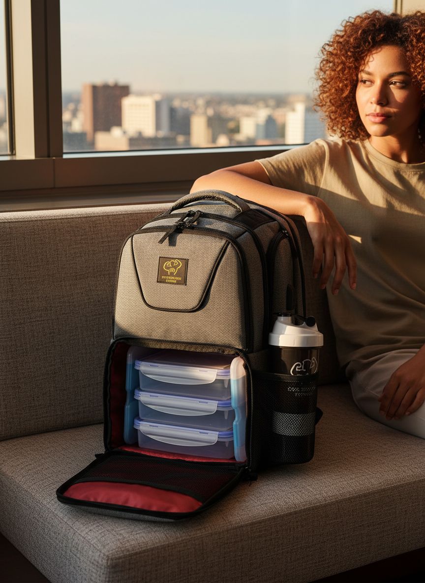 [Color] insulated meal prep backpack with laptop compartment, featuring [material texture] exterior and [number]-meal container capacity — view 4
