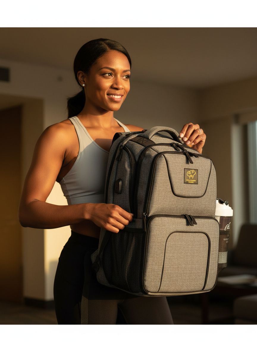 [Color] insulated meal prep backpack with laptop compartment, featuring [material texture] exterior and [number]-meal container capacity — view 6